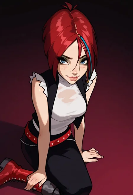 score_9, score_8_up, score_7_up, ( realistic:1.4), source_cartoon, source_western,
artificial light source, rating_lewd,
1girl, (((solo))), solo focus,
20 years old,
xmirtax, red hair, short hair, blue eyes, streaked hair, freckles,
medium breasts,
(white shirt, sleeveless, vest, black skirt, loose belt, pants, boots),
teasing, (beautiful face, beautiful eyes, beautiful makeup, eyeliner, eyeshadow, long eyelashes, sexy smile, soft lips, full lips, seductive), dynamic sexy pose, sexy smile, aroused, horny, looking at viewer, very sexy, very cute, shiny skin, Expressiveh,