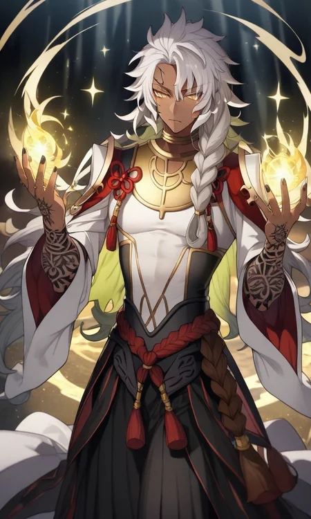 ,source_anime, solomon_(fgo), handsome, dark-skinned man, long hair, white hair, messy hair, ahoge, braid, yellow eyes, jewelry, long robes, tattoo, black fingernails, cowboy shot, dutch angle, magic,fantasy, arcane, mystical, cool pose, pose, magical world, fantasy, glitter, luminous effects, hand fix, perfect hands, clear hands