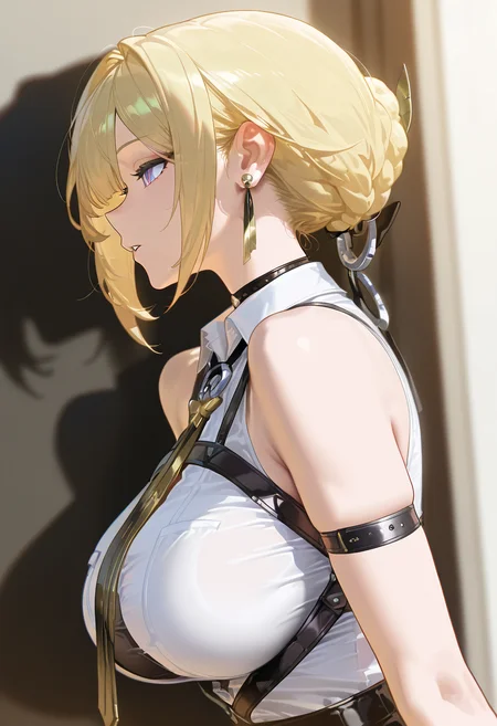masterpiece, best quality, amazing quality, very aesthetic, absurdres,  newest, 
EBEvelyn, 1girl, solo, blonde hair, large breasts, shirt, bare shoulders, jewelry, purple eyes, white shirt, braid, earrings, parted lips, necktie, sleeveless, collared shirt, hair bun, from side, profile, single hair bun, arm strap, upper body, 
(colorful), masterpiece, best quality, amazing quality, very aesthetic, absurdres,  newest,   <lora:EvelynChevalierIL-10:1>