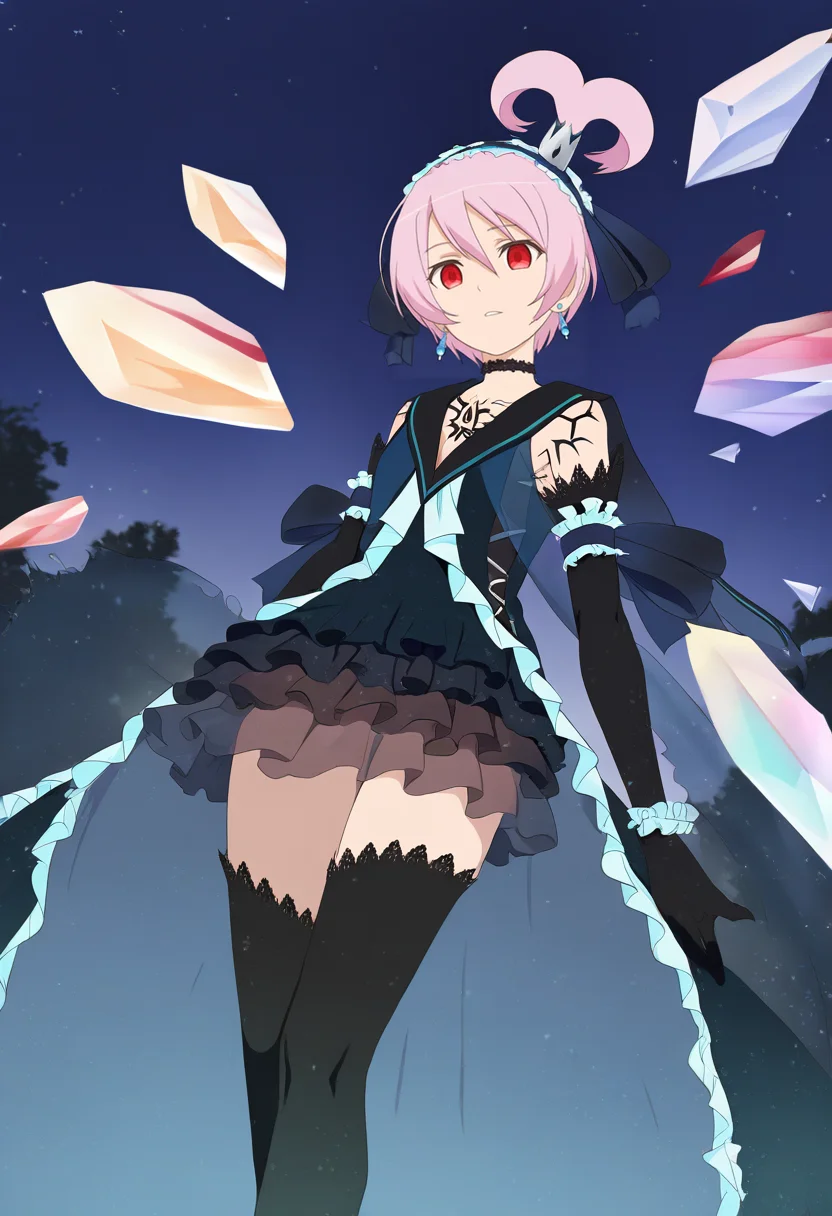 masterpiece, best quality, <lora:dark_kanonno1:1.5>, 1girl, solo, dark kanonnno, black dress, black thighhighs, hairband, elbow gloves, earrings, jewelry, choker, tattoo, earrings, night sky, cowboy shot, full body