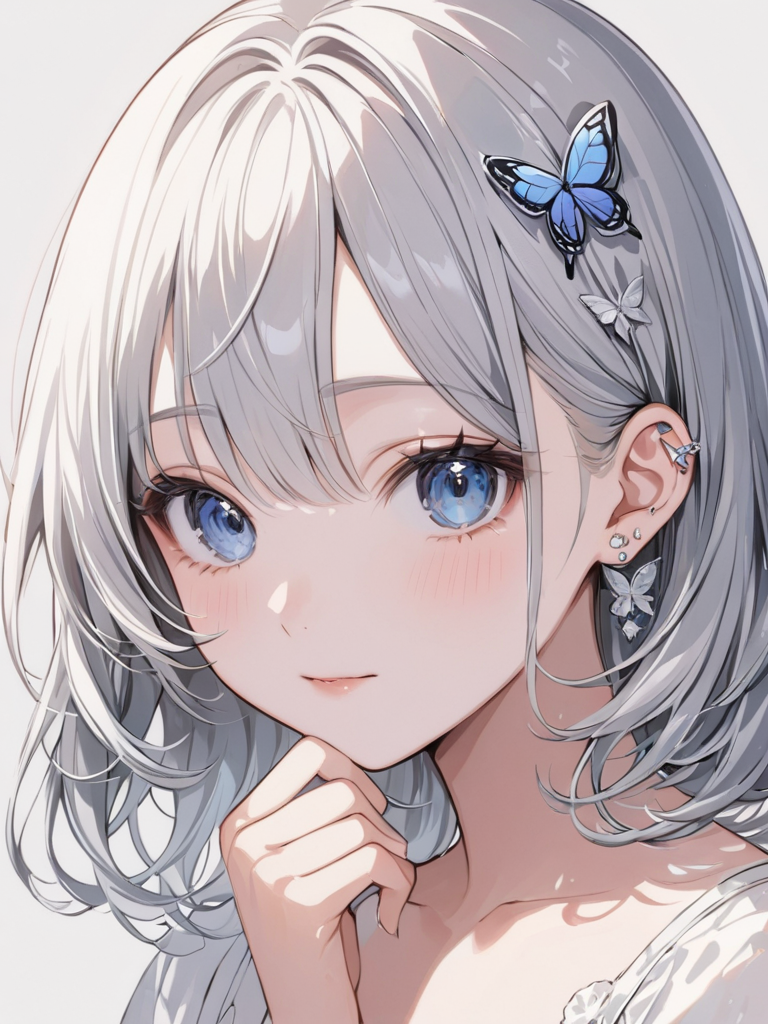 masterpiece,ultra-detailed,best quality,8K,illustration,cute face,clean skin ,shiny hair,girl,ultra-detailed-eyes,simple background, <lora:add-detail-xl:1> <lora:butterfly ear piercing_XL_V1.0:0.8> butterfly ear piercing,sliver piercing