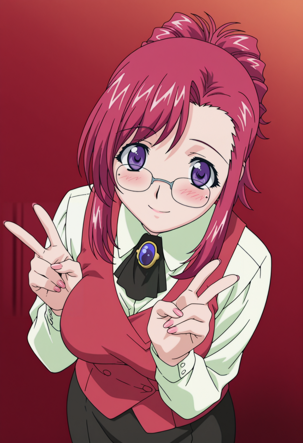 masterpiece, best quality, amazing quality, anime coloring, anime screencap,  1girl, mature female,   <lora:DX888MizuhoIL:1>, kazami mizuho, purple eyes, pink hair, , smile, blush, ponytail, glasses, teacher, brooch, vest, shirt, black skirt BREAK   dynamic pose,  red  background gradient background, from above, double v,