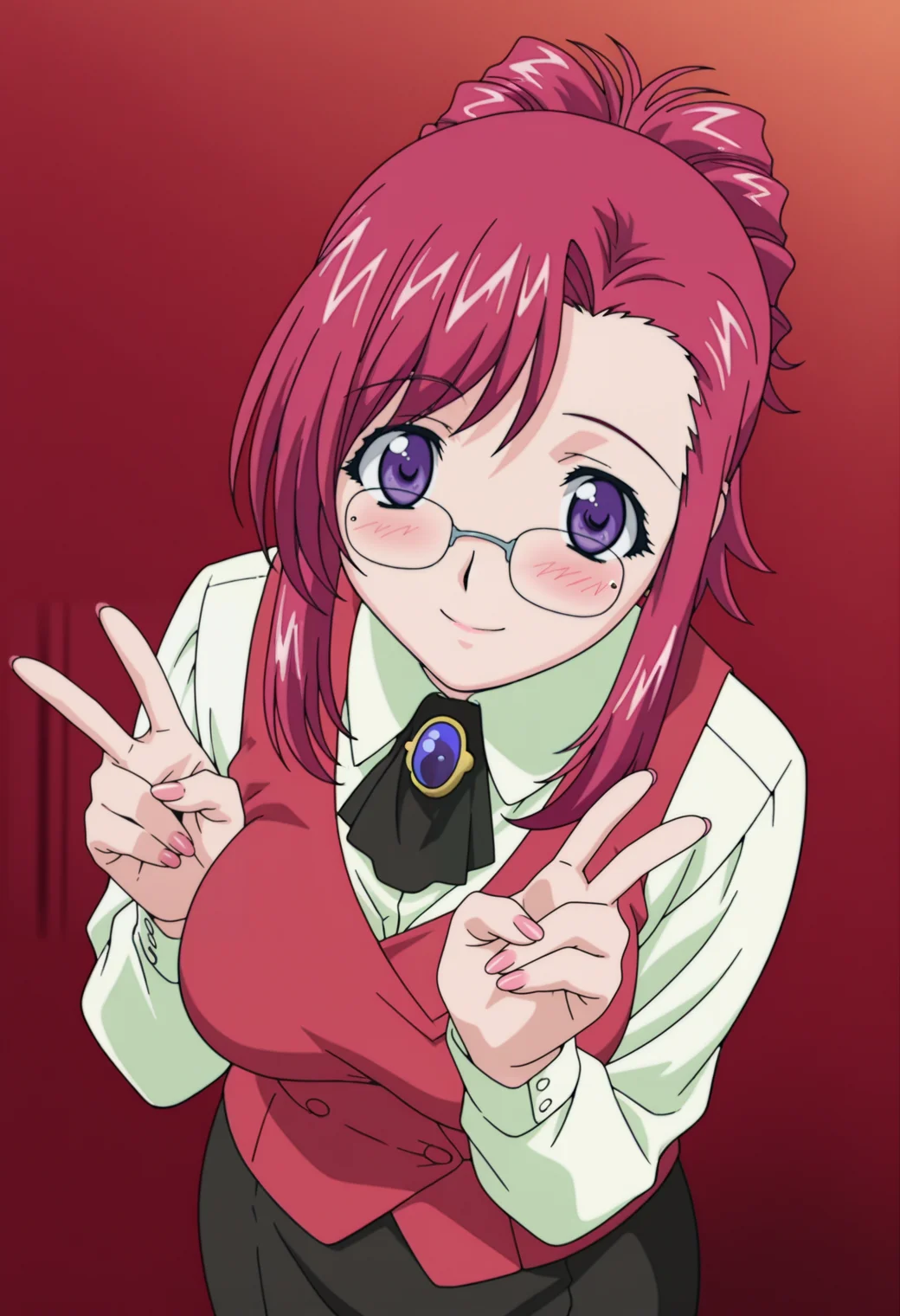 masterpiece, best quality, amazing quality, anime coloring, anime screencap, 1girl, mature female, <lora:DX888MizuhoIL:1>, kazami mizuho, purple eyes, pink hair, , smile, blush, ponytail, glasses, teacher, brooch, vest, shirt, black skirt BREAK dynamic pose, red background gradient background, from above, double v,