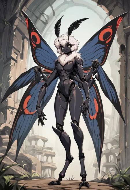 score_9, score_8_up, score_7_up, score_6_up, score_5_up, score_4_up,
source_anime, rating_explicit,
solo, female,
brown and white body, fur, grey fur, fluffy, furred body,
short hair, white hair,
anthro,
arthropod, insect, arthropod abdomen, black eyes, exoskeleton, joints
moth, lepidopteran, lepidopteran wings,
4 wings, multi wing, wings,
2 antennae, antennae anatomy,
2 toes, toes, feet, digitigrade,
4 arms, 5 fingers, fingers, multi arm,
smile, pose,
ruins,
detailed background, digital art, hi res, detailed, fantasy art,
Vintage, 1990s \(style\), 90s4n1m3, retro artstyle