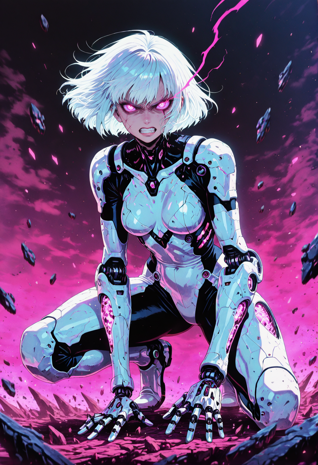 1women, 22yo, pink eyes, adult, sexy, alluring, 
angry, serious, looking at viewer, hatred, clenched teeth, glowing eyes, glowing eye trail, 
white hair, short bob cut, slim, small firm breasts, flowing hair,
patterned armor, heavy white armor, futuristic, mechanical limbs,
full body, on one knee, white bodysuit,
floating debris, powerful, toned,, detailed eyes, perfect eyes, realistic eyes,, masterpiece, best_quality, amazing_quality, very_aesthetic, 8k, high_quality, highres, absurdres, subject_focus,, <lora:AddMicroDetails_Illustrious:0.5>, Anime, GOTAV1.0, in the style of cksc, pinkretroanime, <lora:Gothic-Anime-V1.0_IL:0.6>,<lora:ChronoKnight_Neurocore_Shadow_Circuit:0.3> <lora:Pinkielicious_RetroAnime:0.1>