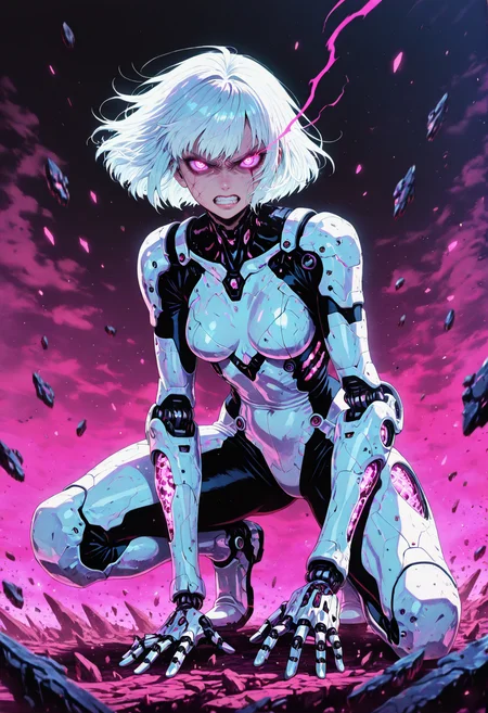 1women, 22yo, pink eyes, adult, sexy, alluring,
angry, serious, looking at viewer, hatred, clenched teeth, glowing eyes, glowing eye trail,
white hair, short bob cut, slim, small firm breasts, flowing hair,
patterned armor, heavy white armor, futuristic, mechanical limbs,
full body, on one knee, white bodysuit,
floating debris, powerful, toned,, detailed eyes, perfect eyes, realistic eyes,, masterpiece, best_quality, amazing_quality, very_aesthetic, 8k, high_quality, highres, absurdres, subject_focus,, <lora:AddMicroDetails_Illustrious:0.5>, Anime, GOTAV1.0, in the style of cksc, pinkretroanime, <lora:Gothic-Anime-V1.0_IL:0.6>,<lora:ChronoKnight_Neurocore_Shadow_Circuit:0.3> <lora:Pinkielicious_RetroAnime:0.1>