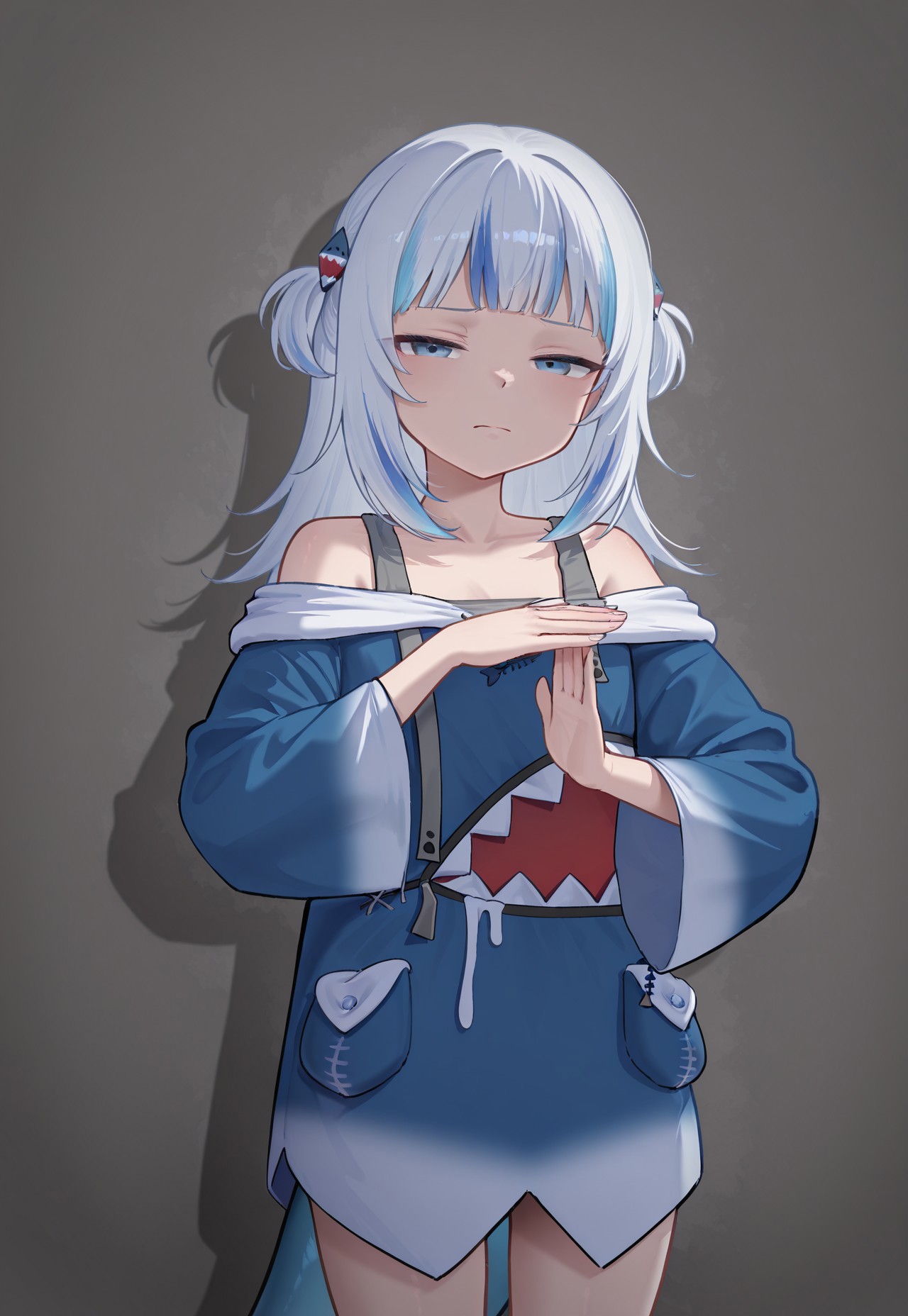 shaqtimeout, 1girl, gawr gura, closed mouth, half-closed eyes, looking at viewer, frown, cowboy shot, standing, hands up, bare shoulders, grey background,