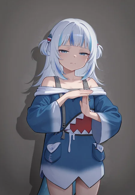 shaqtimeout, 1girl, gawr gura, closed mouth, half-closed eyes, looking at viewer, frown, cowboy shot, standing, hands up, bare shoulders, grey background,