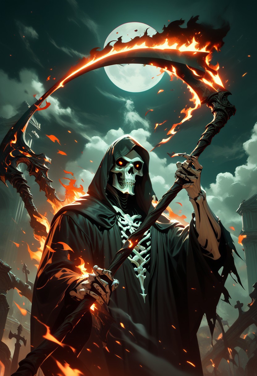 score_9,score_8_up,score_7_up, 2males. Grim Reaper, grim reaper, large scythe, burning scythe, dark magic,  arcane energy, looming shadows, fire