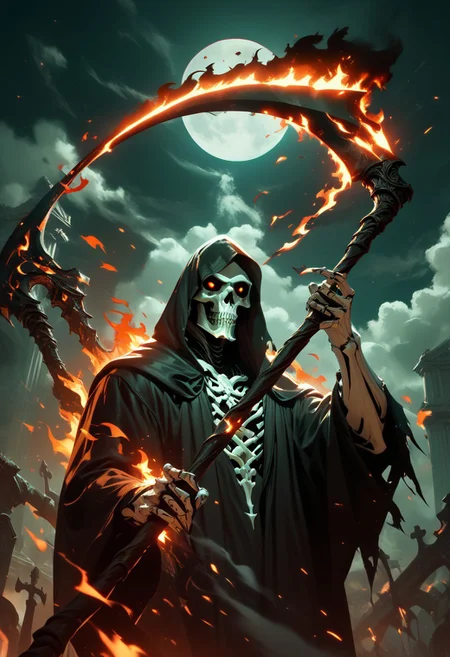score_9,score_8_up,score_7_up, 2males. Grim Reaper, grim reaper, large scythe, burning scythe, dark magic, arcane energy, looming shadows, fire