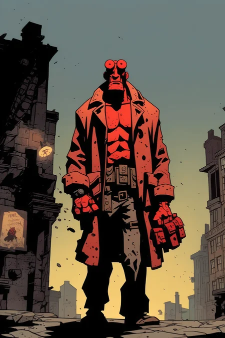 <lora:Mike Mignola Style:1>Mike Mignola Style - hellboy character, comic quality, cinematic shot, dynamic angles, breathtaking background, comic style,