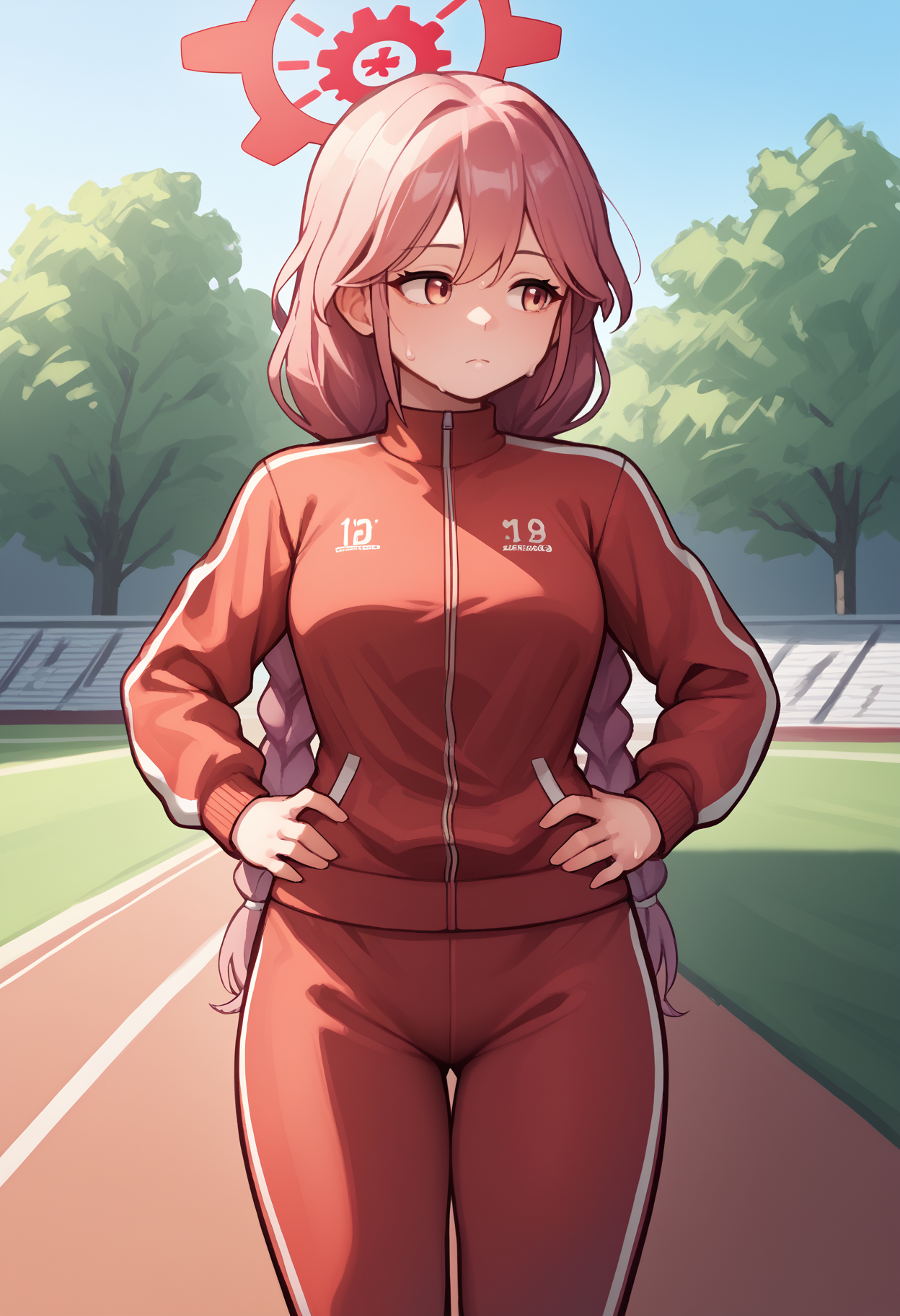 score_9, score_8_up, score_7_up, <break> solo, 1girl, tomodef, sweat, expressionless, looking away, hands on own hips, twin braids, halo, track suit, red jacket, track jacket, long sleeves, red pants, outdoors, park
<segment:yolo-face_yolov8m.pt,0.4,0.5//cid=1>
