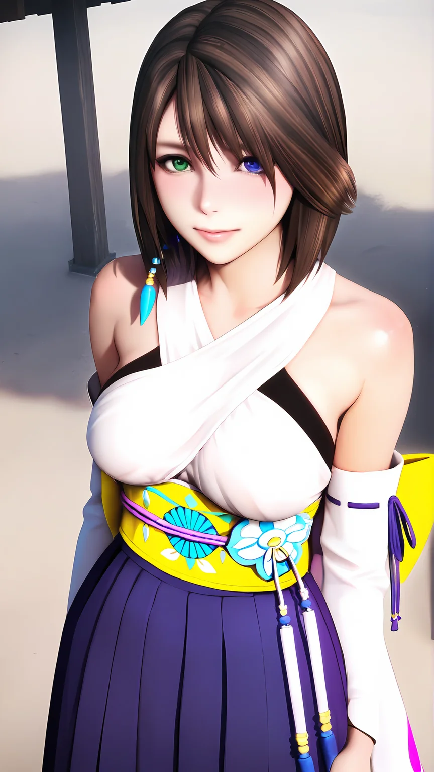 amazing quality,absurdres,best quality,masterpiece,highres,newest,detailed,detailed body,detailed face,masterpiece,best quality,solo,
youna,1girl,yuna \(ff10\),solo,heterochromia,brown hair,skirt,japanese clothes,hakama skirt,detached sleeves,hakama,purple hakama,short hair,blue eyes,green eyes,<lora:youna:0.9>,