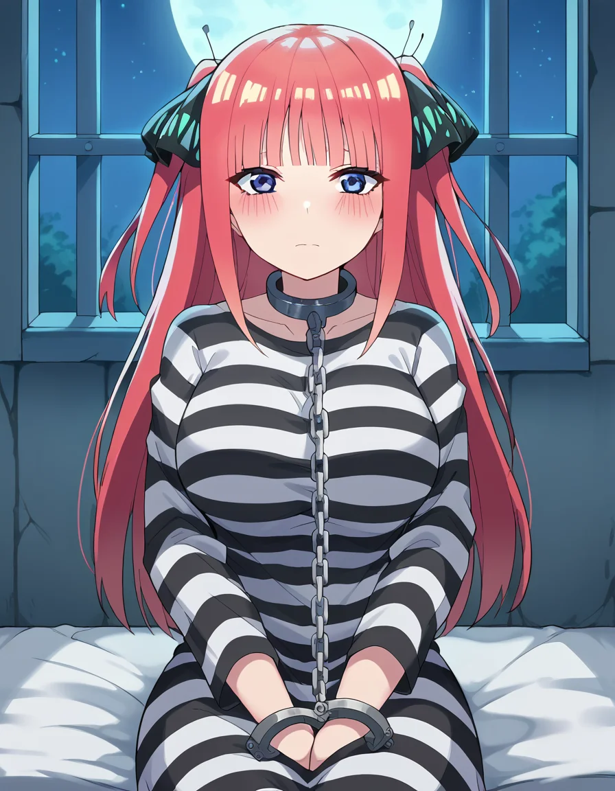 score_9, score_8_up, score_7_up, source_anime, <lora:nnakano-s2-ponyxl-lora-nochekaiser:1>, long hair, bangs, blue eyes, hair ornament, hair ribbon, pink hair, blunt bangs, two side up, butterfly hair ornament, large breasts,, <lora:prison-clothes-ponyxl-lora-nochekaiser:1> prison clothes, prisoner, prison cell, prison, striped shirt, shackles, handcuffs, chain,, sitting, on bed, looking at viewer, blush, night, moon, moonlight, night sky, window, three quarter view, cowboy shot,