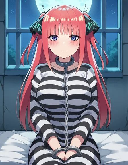 score_9, score_8_up, score_7_up, source_anime, <lora:nnakano-s2-ponyxl-lora-nochekaiser:1>, long hair, bangs, blue eyes, hair ornament, hair ribbon, pink hair, blunt bangs, two side up, butterfly hair ornament, large breasts,, <lora:prison-clothes-ponyxl-lora-nochekaiser:1> prison clothes, prisoner, prison cell, prison, striped shirt, shackles, handcuffs, chain,, sitting, on bed, looking at viewer, blush, night, moon, moonlight, night sky, window, three quarter view, cowboy shot,