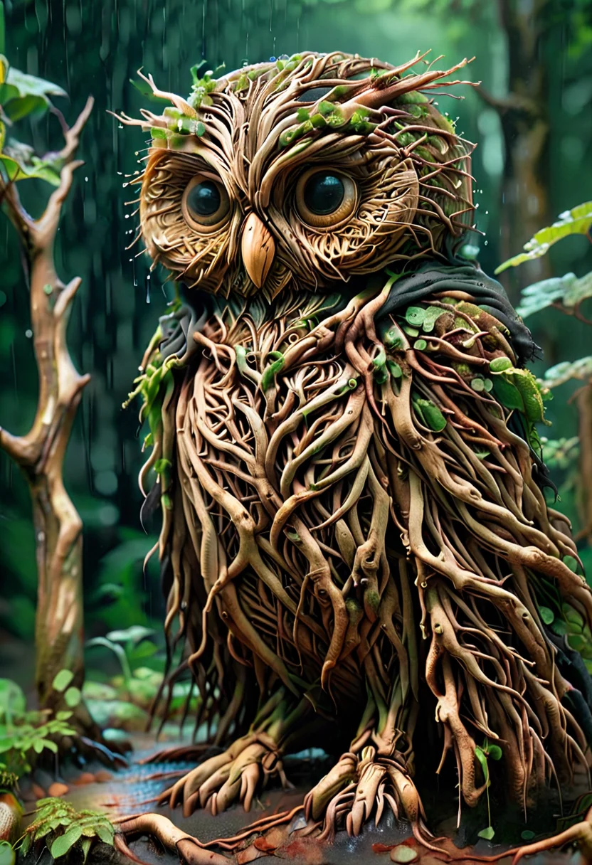 PG-TR,A very small and tiny round owl wear black tattered cloak and robe with hood on, heavy raining, against an ethereal backdrop of soft greens and browns