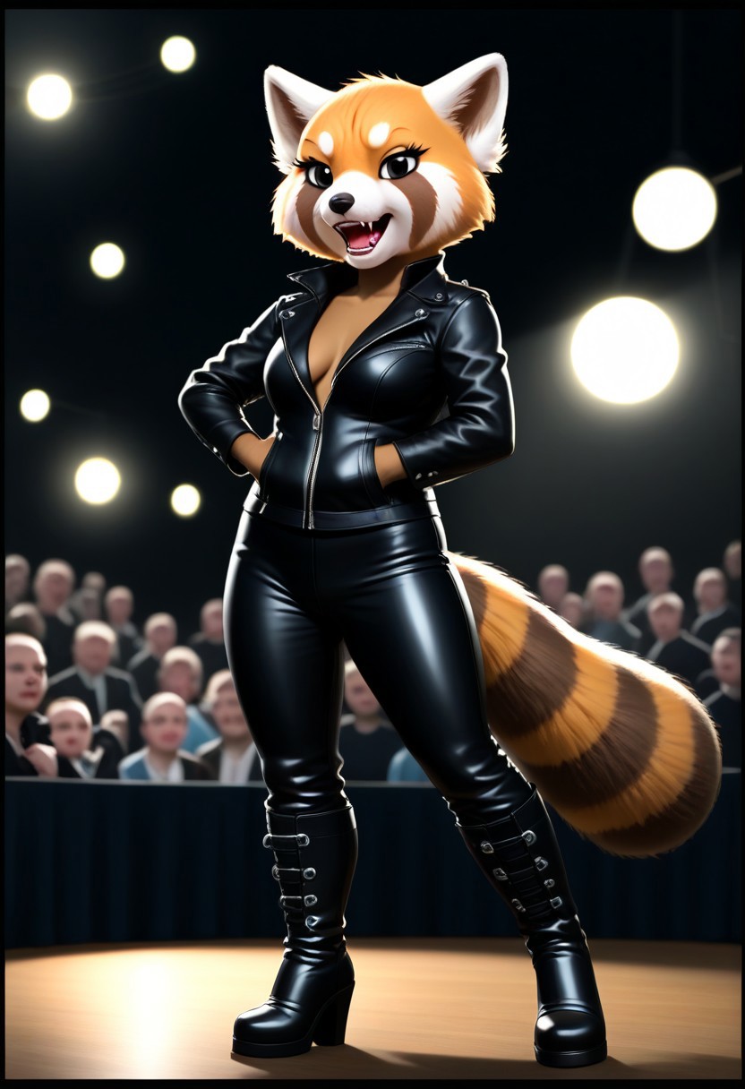 (detailed texture, digital artwork, improved quality, soft shading, cartoon, black borders:1.2), ((stage, audience, lights, blurred background)), (((solo))), ((orange-brown fur, textured fur, anthro red panda, female, Retsuko_(Aggretsuko):1.0)), ((snout, ears, tail, claws, white eyes, eyelashes, fangs)), ((rage mode on forehead, black makeup)), ((punk outfit, black leather jacket, long boots:1.2)), ((evil expression, open mouth, posing, extended claws)),