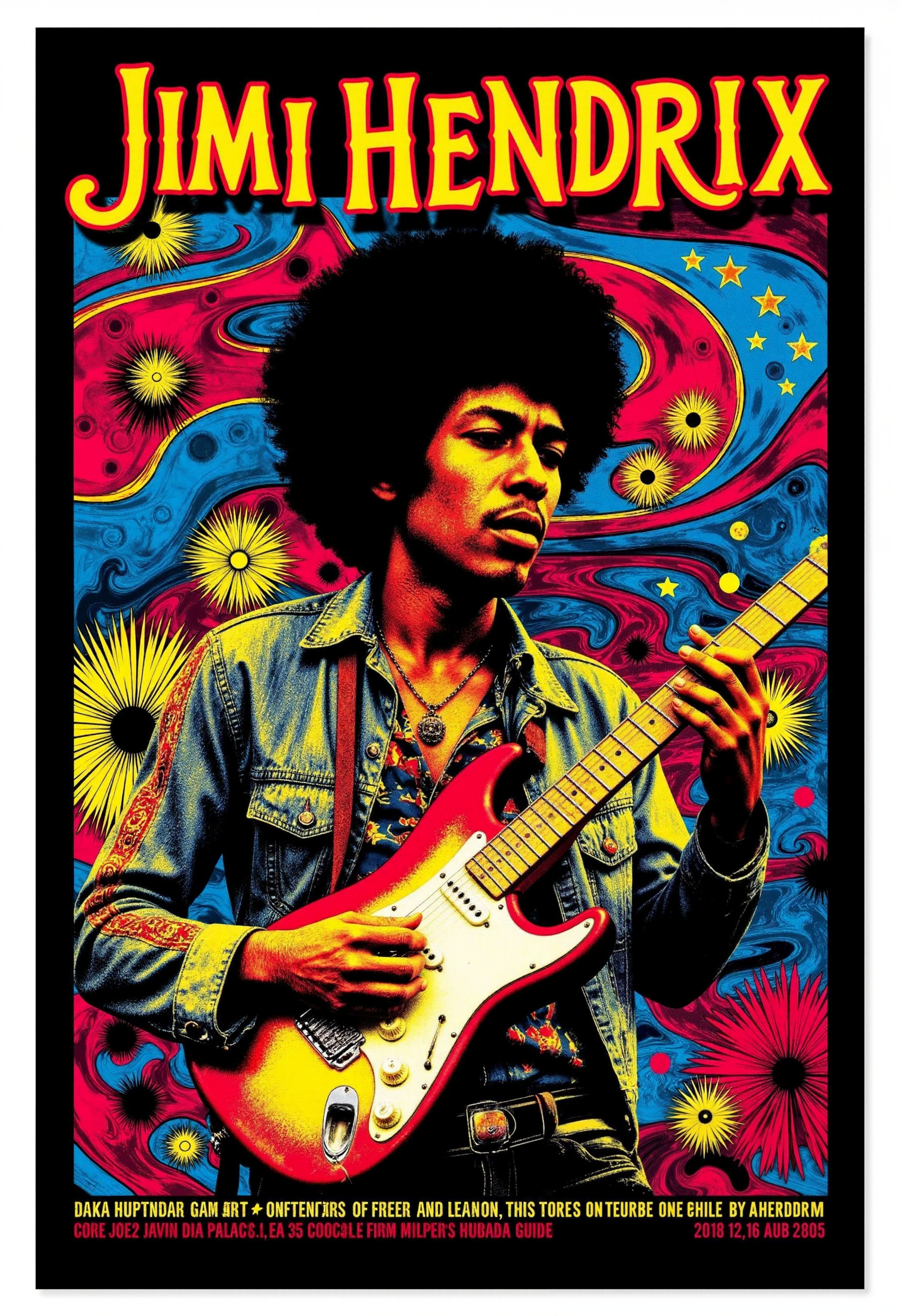 allposter, Create a vibrant, psychedelic poster for a Jimi Hendrix concert. The central image should feature Hendrix in his signature style, playing guitar with intensity. Surround him with swirling, colorful patterns and abstract shapes reminiscent of the 1960s psychedelic era. Use bold, groovy typography for his name, 'JIMI HENDRIX,' at the top, with colors that stand out against the vibrant background. Add concert details, date, and venue at the bottom in a retro font, completing the poster with an electric, timeless feel.<lora:Flux.1_Turbo_Detailer.safetensors:0.75:0.75> <lora:FLUX_All_Posters.safetensors:0.7000000000000001:0.7000000000000001>