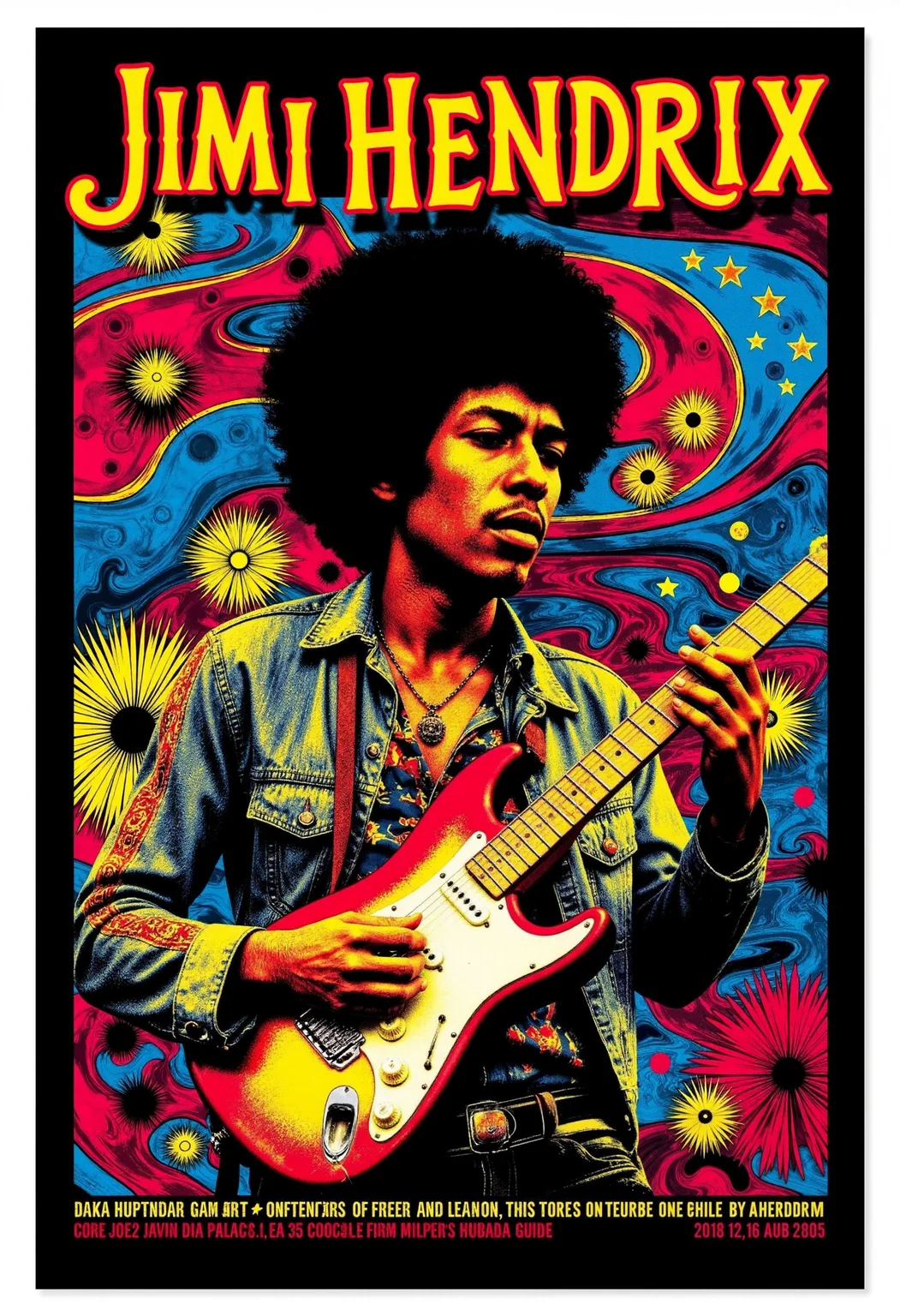 allposter, Create a vibrant, psychedelic poster for a Jimi Hendrix concert. The central image should feature Hendrix in his signature style, playing guitar with intensity. Surround him with swirling, colorful patterns and abstract shapes reminiscent of the 1960s psychedelic era. Use bold, groovy typography for his name, 'JIMI HENDRIX,' at the top, with colors that stand out against the vibrant background. Add concert details, date, and venue at the bottom in a retro font, completing the poster with an electric, timeless feel.<lora:Flux.1_Turbo_Detailer.safetensors:0.75:0.75> <lora:FLUX_All_Posters.safetensors:0.7000000000000001:0.7000000000000001>