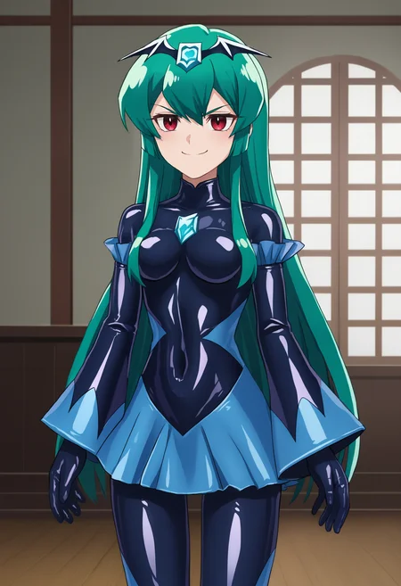 score_9, score_8_up, score_7_up, source_anime,
minakami sayo, green hair, long hair, red eyes,
evil smile, closed mouth, evil,
badend bodysuit, latex badend, blue badend, badend tiara,
standing, cowboy shot,
indoors,
<lora:bad-end-ot4-006:1> <lora:brj-sayo-ponyXL-v0.6:0.8>