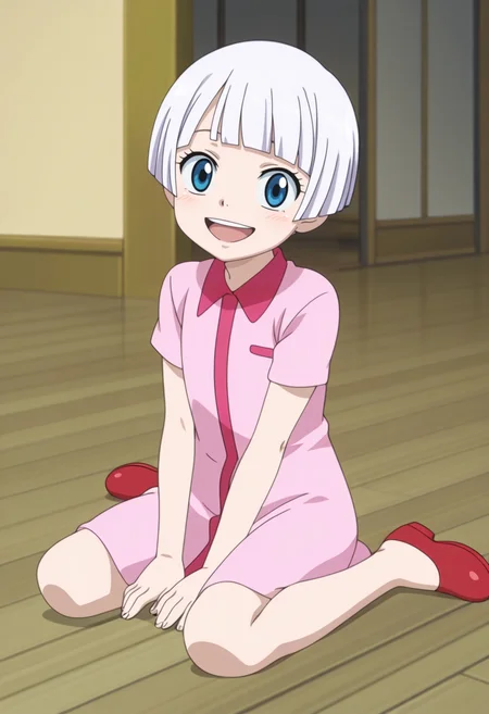masterpiece,best quality,amazing quality,very aesthetic, absurdres, highres, newest, anime screencap, anime coloring,
BREAK
<lora:lisanna_illustrious:0.8> lisanna, blue eyes, white hair, short hair, blunt bangs, pink shirtdress, shirtdress, short sleeves, red footwear,
BREAK
solo, sitting, wariza, full body,
smile, :D, looking at viewer,