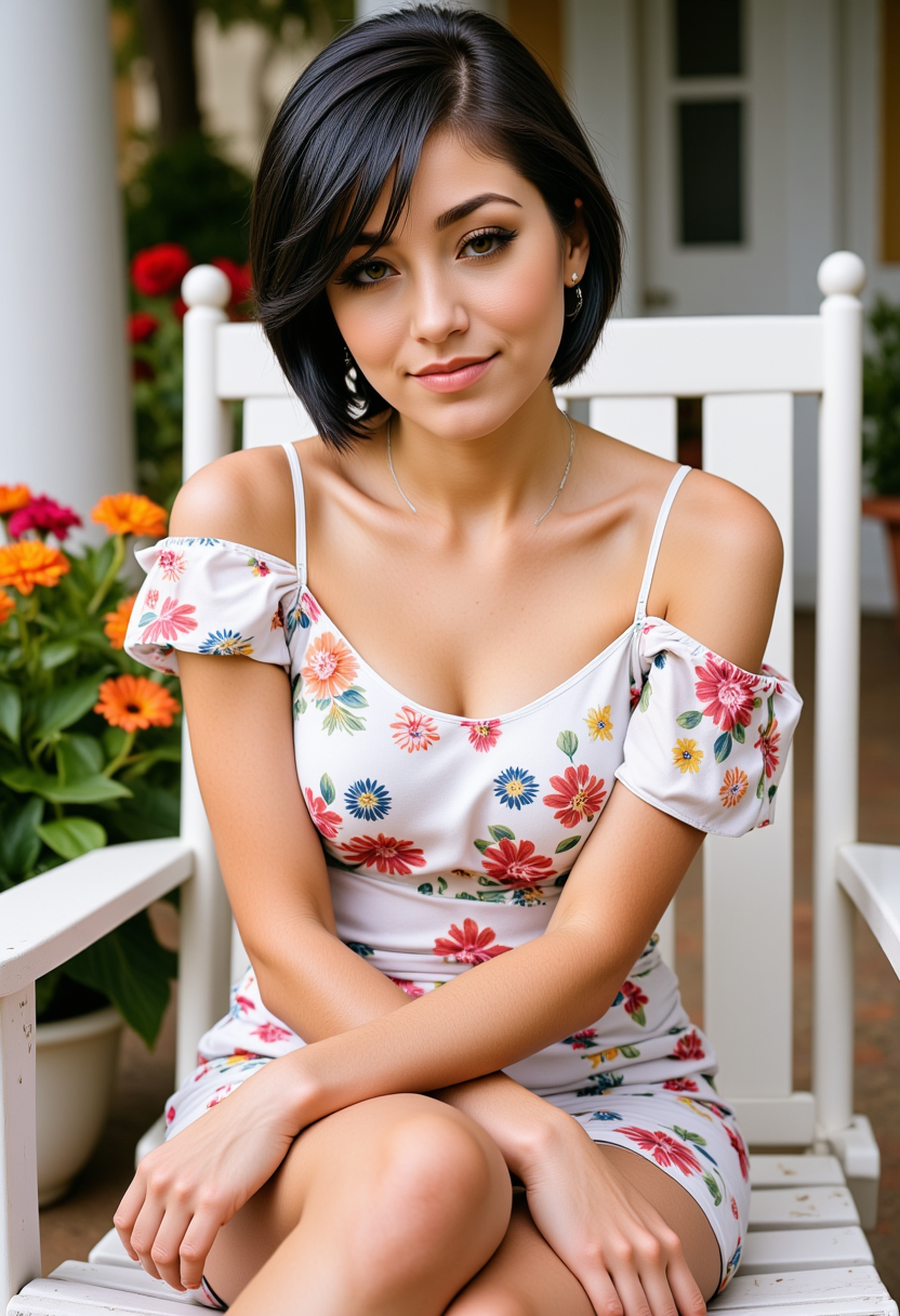 full body view, Hyperrealistic, she is smiling, dynamic angles, multiple angles, she is looking at the camera, photoshoot poses; A photo of Klara_WBDY&exh, She is wearing a white flower print off-the-shoulder dress with ruffled sleeves, she has short dark hair, She is sitting in a white deck chair, on a front porch lined with beautiful flower pots. creating a focused and dynamic pose.; the scene is set in a beautiful well-lit environment, with a sense of action and adventure.  Style: realistic hyper-detailed rendering, 32k UHD, expressive eyes, punk, graphic design, girl's face, pretty and cute, gleaming lips, telling a tale of adventure. Exuding confidence and serenity. The overall mood of the image is happy and relaxed, detailed skin texture,(blush:0.2),(goosebumps:0.3), subsurface scattering,with a playful and whimsical tone,perfect hand, hand, detailed hand,niji style,retro50s_style,