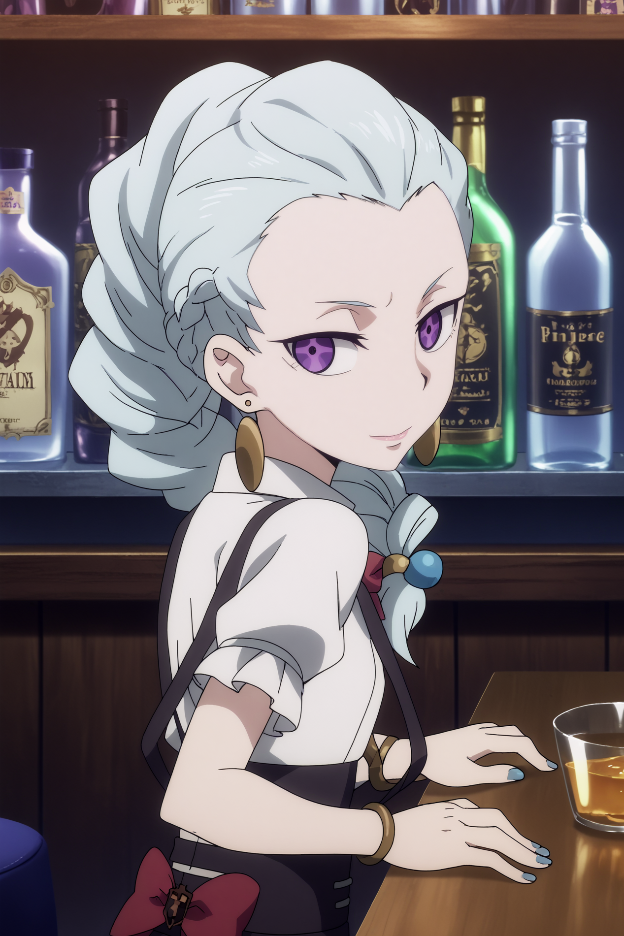  nona,1girl,solo,braid, single_braid, jewelry, earrings, white_hair, bracelet, long_hair, bow,school_uniform, looking_at_viewer, suspenders, short_sleeves, hair_over_shoulder, lipstick, smile,nail polish  from behind,looking back,   BREAK indoors,bar with alcohol,bar,purple light,gothic_architecture, low light  <lora:Nona_-_Death_Parade.safetensors:1> <lora:detailed_backgrounds_v2.safetensors:0.6>,