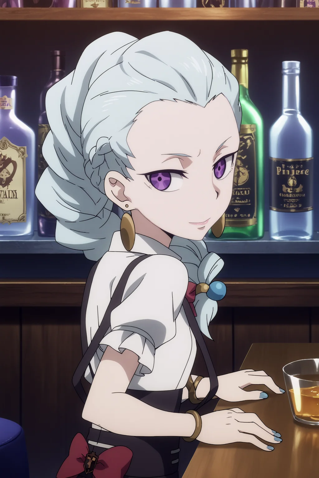 nona,1girl,solo,braid, single_braid, jewelry, earrings, white_hair, bracelet, long_hair, bow,school_uniform, looking_at_viewer, suspenders, short_sleeves, hair_over_shoulder, lipstick, smile,nail polish from behind,looking back, BREAK indoors,bar with alcohol,bar,purple light,gothic_architecture, low light <lora:Nona_-_Death_Parade.safetensors:1> <lora:detailed_backgrounds_v2.safetensors:0.6>,