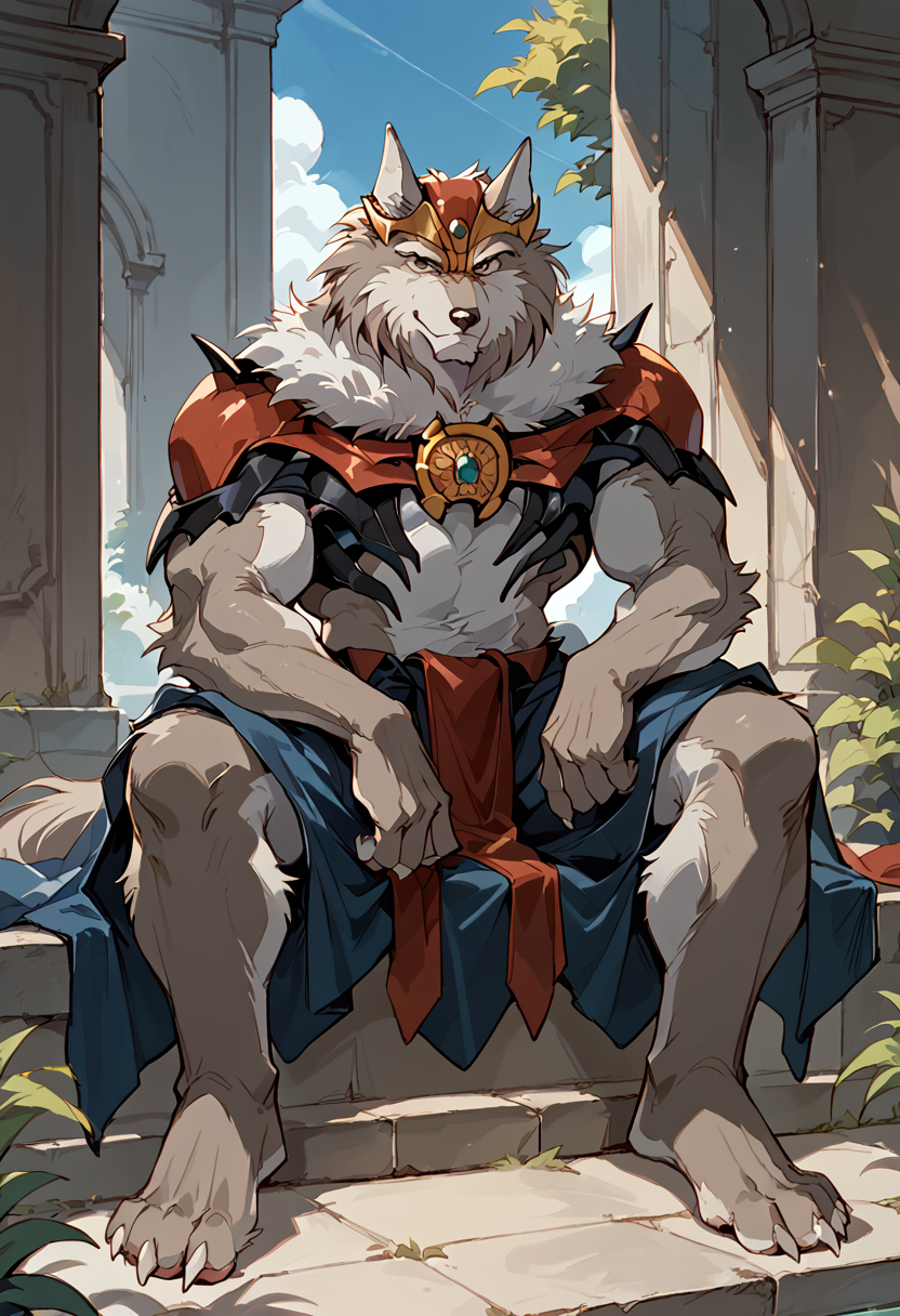 score_9, score_8_up, score_7_up, high quality, hires, greyfus, furry, 1boy, solo, muscular, looking at viewer, full body, sitting, <lora:Greyfus_Wild_Knights_Gulkeeva:1>