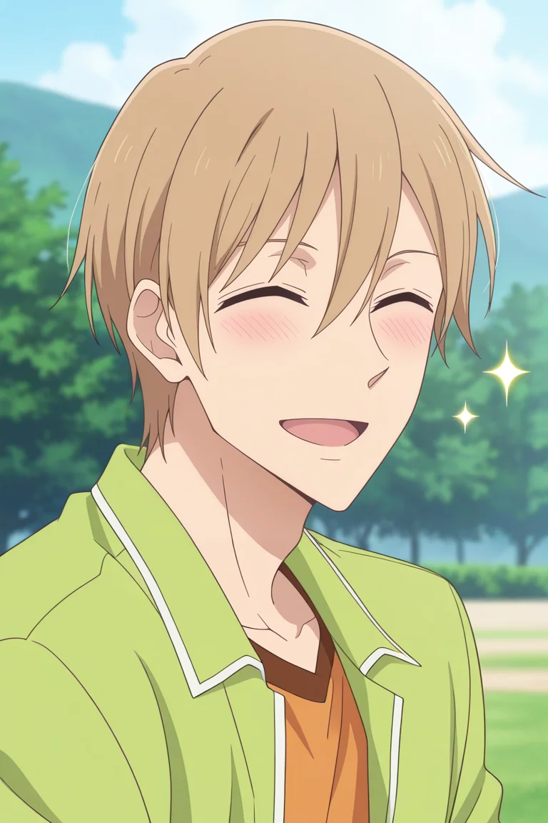 masterpiece, best quality, amazing quality,high resolution, intricate details,official style,depth of field,anime screencap, anime coloring, , , 1boy, solo, male focus,<lora:Yagi_Tomoya:0.79>,yagi tomoya,light brown hair,closed eyes,short hair,looking at viewer, smile,orange shirt,sparkle,green jacket,blush,outdoors,from side,open mouth,upper body