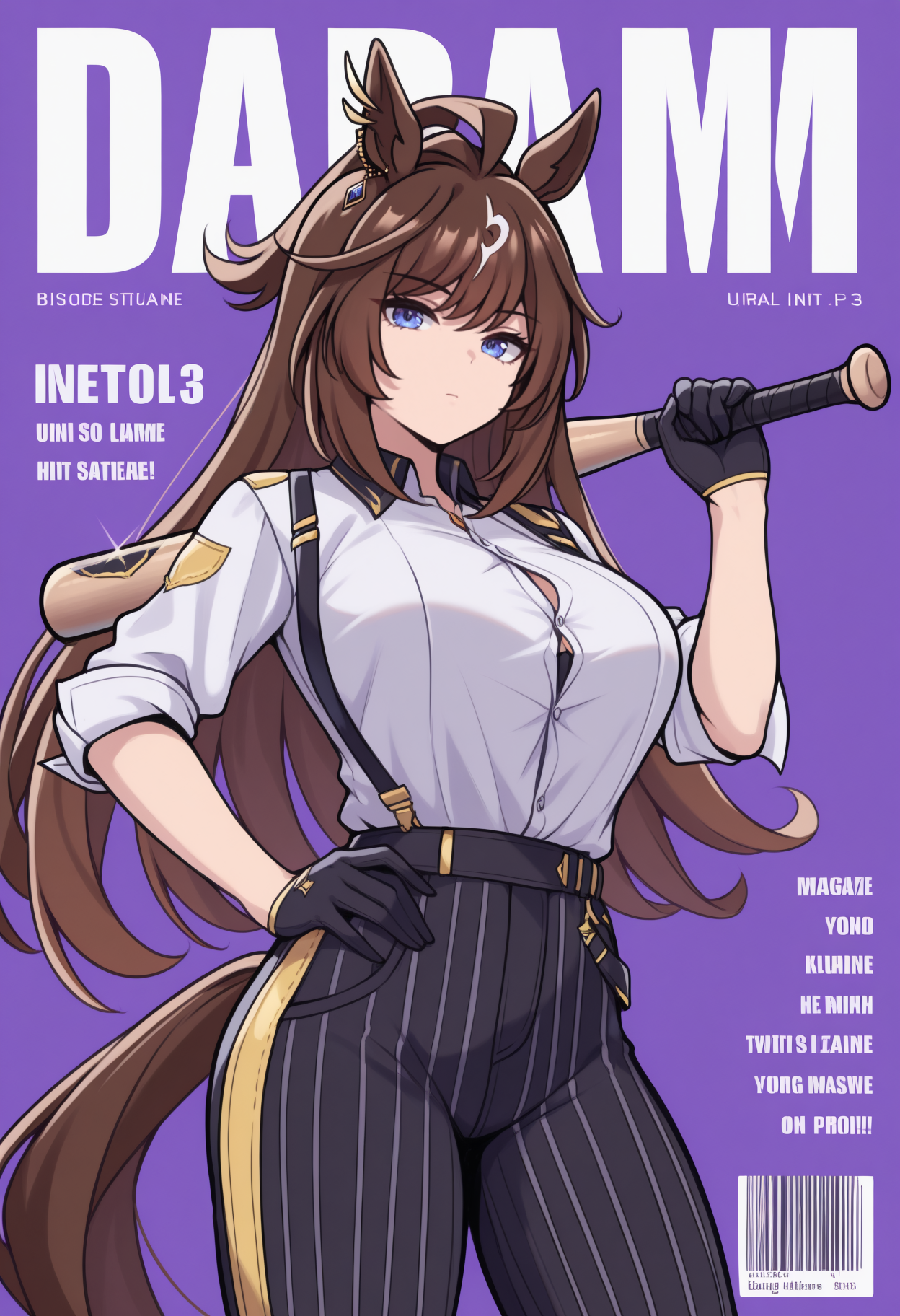 masterpiece, best quality, <break> magazine cover, english text, character name, barcode, solo, 1girl, duram3nte, horse tail, expressionless, looking at viewer, standing, hand on own hip, holding baseball bat, weapon over shoulder, long hair, streaked hair, brown hair, white hair, ahoge, hair between eyes, horse ears, ear ornament, blue eyes, white shirt, collared shirt, shirt tucked in, sleeves rolled up, button gap, suspenders, black gloves, black pants, vertical-striped pants, purple background
<segment:yolo-Anzhc Face seg 640 v2 y8n.pt,0.4,0.5//cid=1>