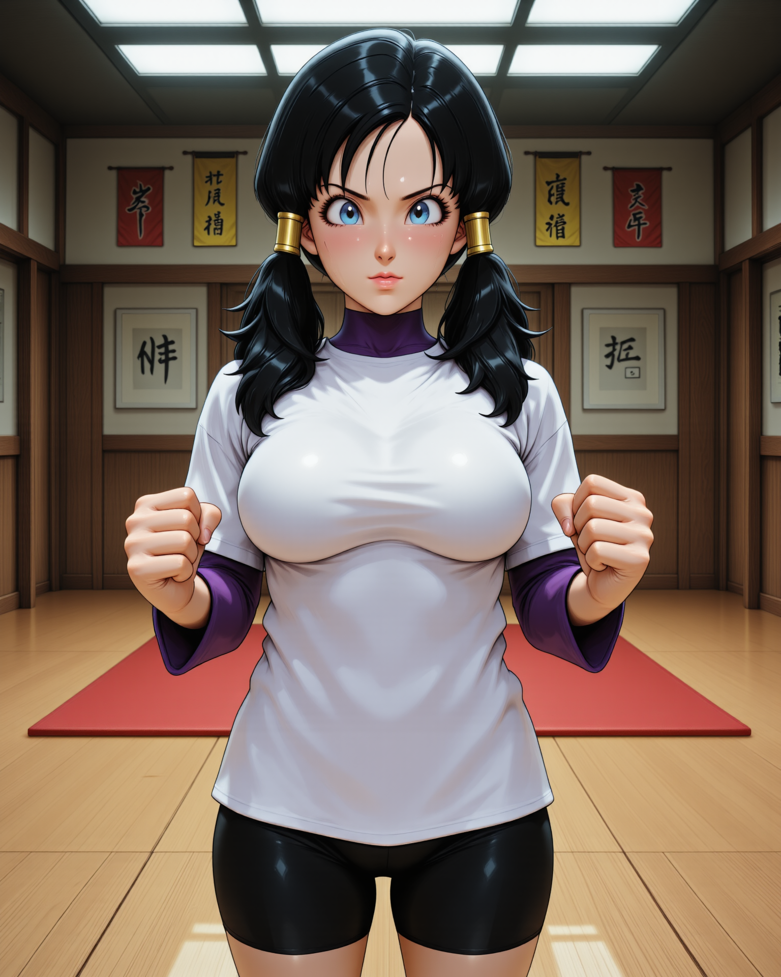 <lora:Dragon_Ball_Z_-_Videl-000019:1> dbz-videl, black hair, blue eyes, full body view,
Videl standing in a martial arts dojo, her toned body poised in a fighting stance, fists clenched tightly. Sweat glistens on her forehead as she breathes heavily, strands of her dark hair clinging to her face. The air is filled with the faint scent of worn mats and polished wood. Behind her, traditional martial arts banners hang proudly on the walls, while a row of punching bags sways slightly from recent strikes. Her sharp, determined gaze locks onto an unseen opponent, her muscles tense and ready for action.
"Videl wears a white oversized T-shirt with purple sleeves, paired with black bike shorts and green sneakers. Her hair is styled in twin pigtails tied with yellow bands, giving her a sporty and casual look."