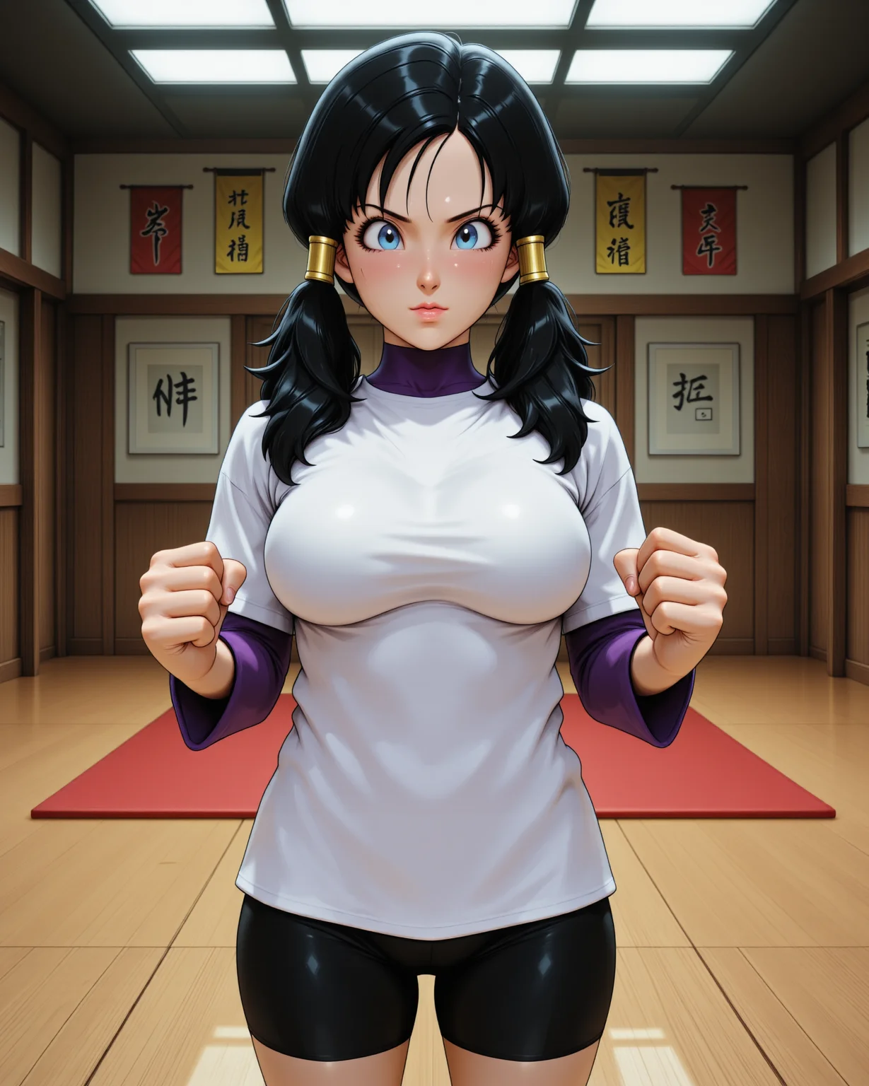 <lora:Dragon_Ball_Z_-_Videl-000019:1> dbz-videl, black hair, blue eyes, full body view,
Videl standing in a martial arts dojo, her toned body poised in a fighting stance, fists clenched tightly. Sweat glistens on her forehead as she breathes heavily, strands of her dark hair clinging to her face. The air is filled with the faint scent of worn mats and polished wood. Behind her, traditional martial arts banners hang proudly on the walls, while a row of punching bags sways slightly from recent strikes. Her sharp, determined gaze locks onto an unseen opponent, her muscles tense and ready for action.
"Videl wears a white oversized T-shirt with purple sleeves, paired with black bike shorts and green sneakers. Her hair is styled in twin pigtails tied with yellow bands, giving her a sporty and casual look."