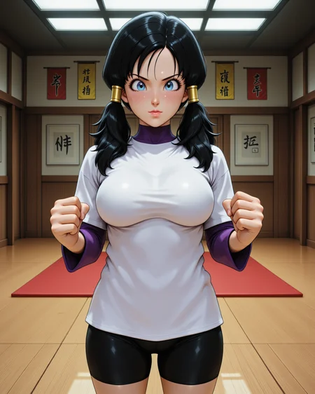 <lora:Dragon_Ball_Z_-_Videl-000019:1> dbz-videl, black hair, blue eyes, full body view,
Videl standing in a martial arts dojo, her toned body poised in a fighting stance, fists clenched tightly. Sweat glistens on her forehead as she breathes heavily, strands of her dark hair clinging to her face. The air is filled with the faint scent of worn mats and polished wood. Behind her, traditional martial arts banners hang proudly on the walls, while a row of punching bags sways slightly from recent strikes. Her sharp, determined gaze locks onto an unseen opponent, her muscles tense and ready for action.
"Videl wears a white oversized T-shirt with purple sleeves, paired with black bike shorts and green sneakers. Her hair is styled in twin pigtails tied with yellow bands, giving her a sporty and casual look."