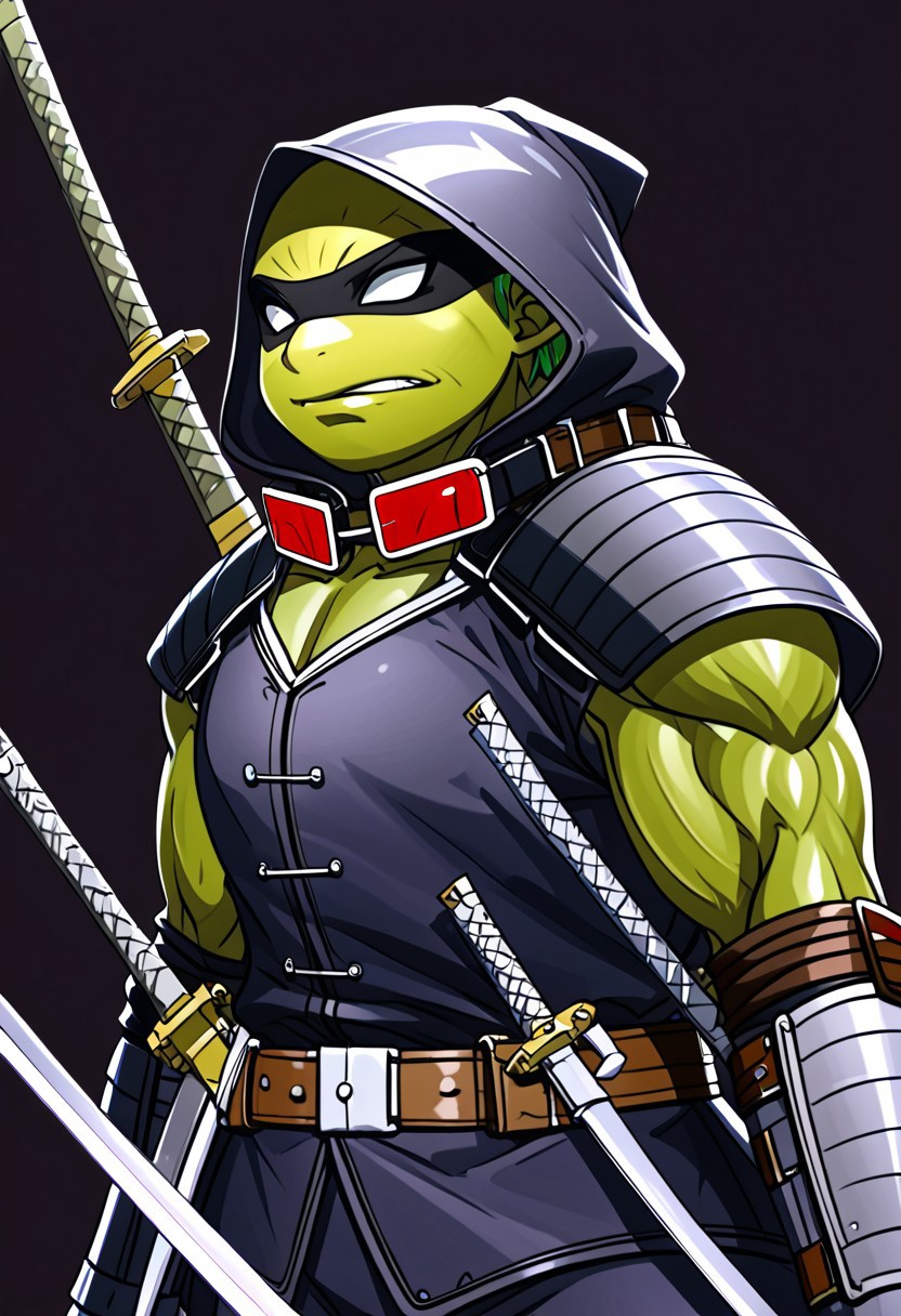 masterpiece, best quality, amazing quality, very aesthetic, high resolution, ultra-detailed, absurdres, newest, Lofi anime style, soft anime art, kawaii elf, Painted anime illustration, tmnt the last ronin, the last ronin, tmnt, hood, sai, swords, nunchaku, ninja turtle, bo staff, ninja armor