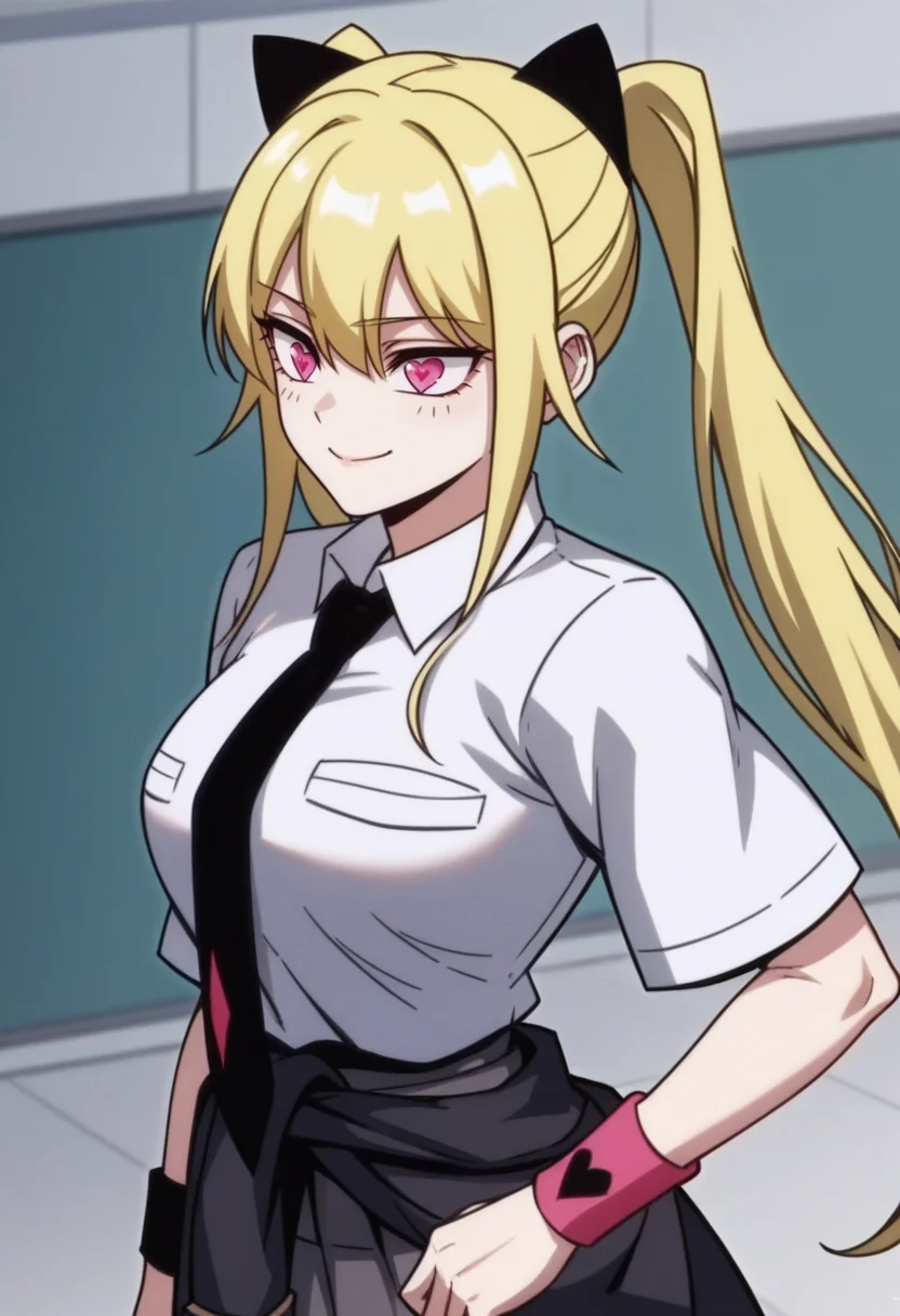 score_9, score_8_up, score_7_up, source_anime,anime screencap, anime coloring,intricate details,rating_safe, masterpiece, best quality,
(best quality, absurd res, ultra detailed),1girl, ((solo)), good eyes,perfect eyes,,detailed eyes, zPDXLxxx , zPDXL3,detailed, detailed face, <lora:add-detail-xl:3>,
BREAK
<lora:Rachel:0.8>, Rachel, 1girl, pink eyes, heart-shaped pupils, symbol-shaped pupils, blonde hair, twintails, hair ornament,
school uniform, white shirt, necktie, wristband, jacket around waist, clothes around waist, pleated skirt,
BREAK
solo, standing, 
smirk,