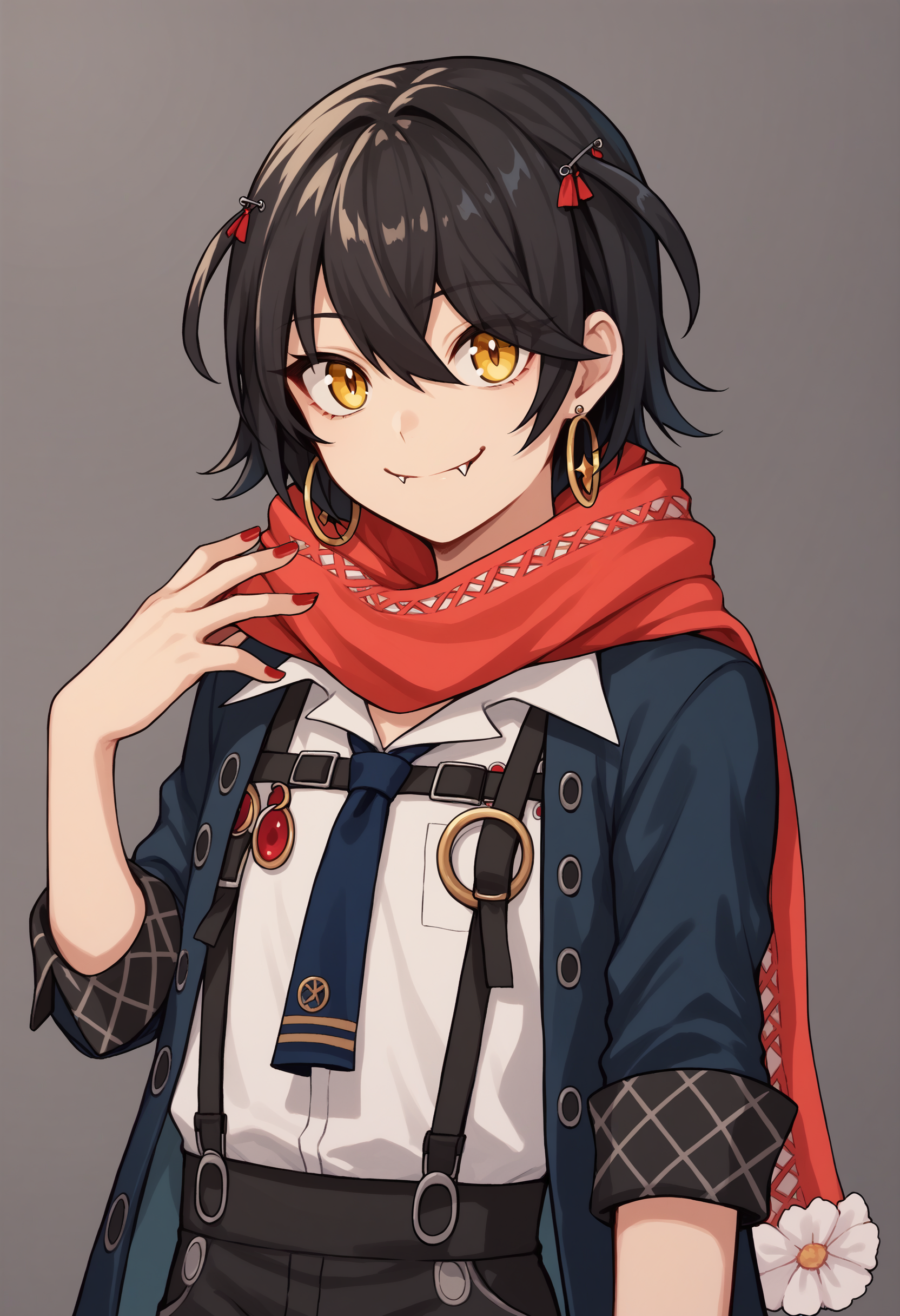 score_9, score_8_up, score_7_up, source_anime, mme1, 1boy, otoko no ko, androgynous, yellow eyes, black hair, hairclip, hair ornament, earrings, fang, fangs, red nails, nail polish, scarf, red scarf, shirt, white shirt, necktie, blue necktie, suspenders, coat, blue coat, sleeves rolled up, pants, black pants, closed mouth, smile<lora:MashiroMemeXL-12:1>