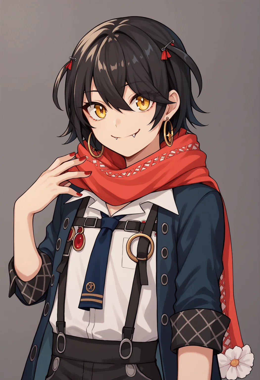 score_9, score_8_up, score_7_up, source_anime, mme1, 1boy, otoko no ko, androgynous, yellow eyes, black hair, hairclip, hair ornament, earrings, fang, fangs, red nails, nail polish, scarf, red scarf, shirt, white shirt, necktie, blue necktie, suspenders, coat, blue coat, sleeves rolled up, pants, black pants, closed mouth, smile<lora:MashiroMemeXL-12:1>