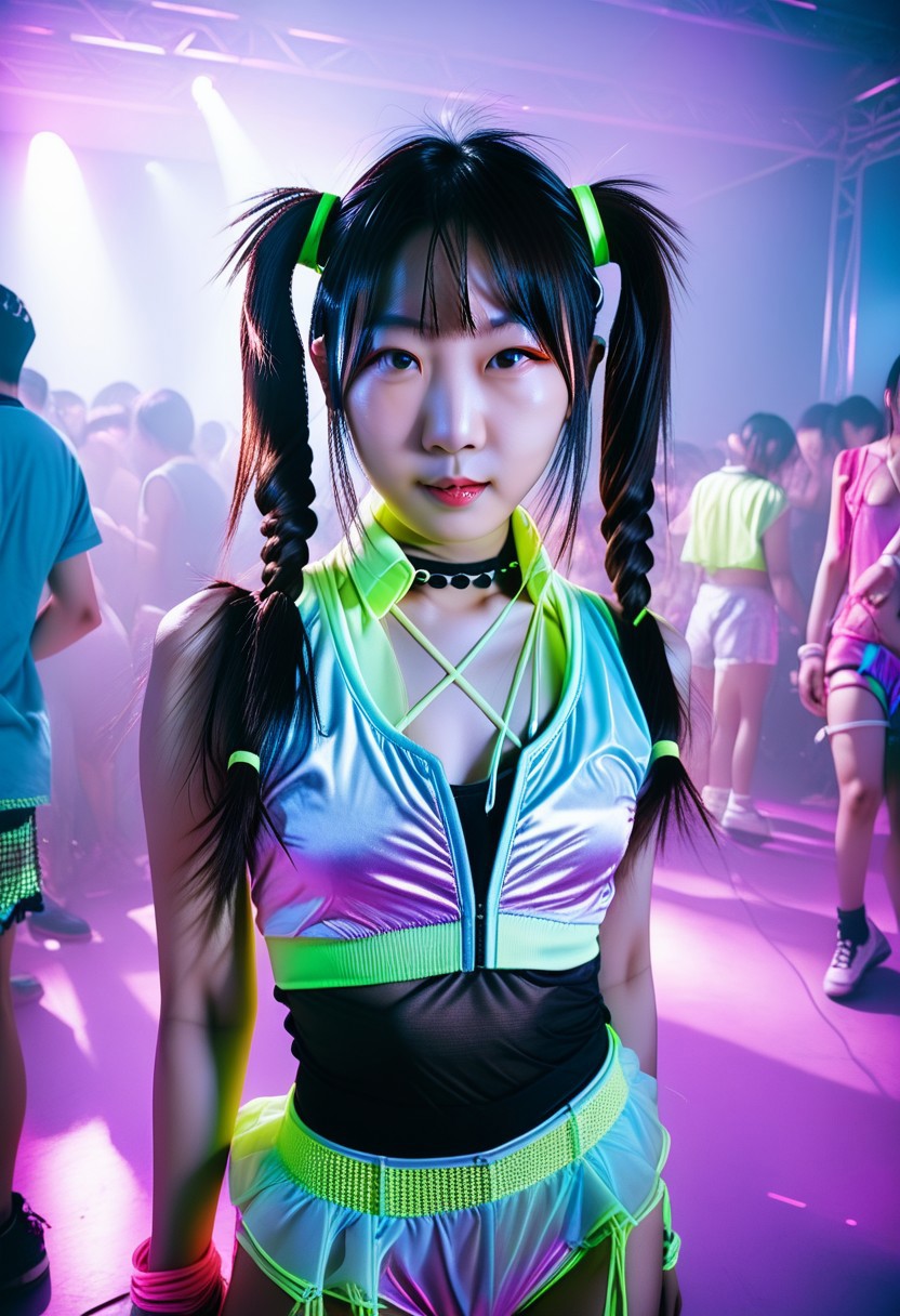 woman, asian, at a rave, low light, r4veclothes, r4ver, twintails