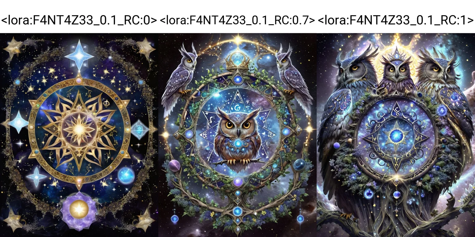 Starlight Alchemist - Alchemical Being in Starlight, Celestial Substance Form, Starlight Blossoms, Alchemical Crown, Cosmic Alchemical Laboratory, Starlight Gems, Reflective Vessels, Flowing Starlight Cloak, Celestial Alchemy, Enchanted Starlight Vines, Cosmic Owl Soaring, Glowing Particles, Celestial Rune Mandala, Fractal Alchemical Patterns, Covered in Astral Residue, Guardian of Celestial Alchemy. <lora:F4NT4Z33_0.1_RC:0>