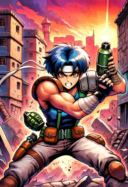 masterpiece, best quality, amazing quality, very aesthetic, absurdres, newest, FMIXF, vibrant details, eyeliner, ffl1humanm, 1boy, blue hair, male focus, white headband, single red pauldron, single white pauldron, pouch, green belt, holster, brown eyes, toned male, grenade belt, green suspenders, blue vest, single black fingerless glove, single bandaged wrist, ((action pose)), looking at viewer, holding grenades, clenched teeth, furrowed brow, town, ruins, debris, sunset