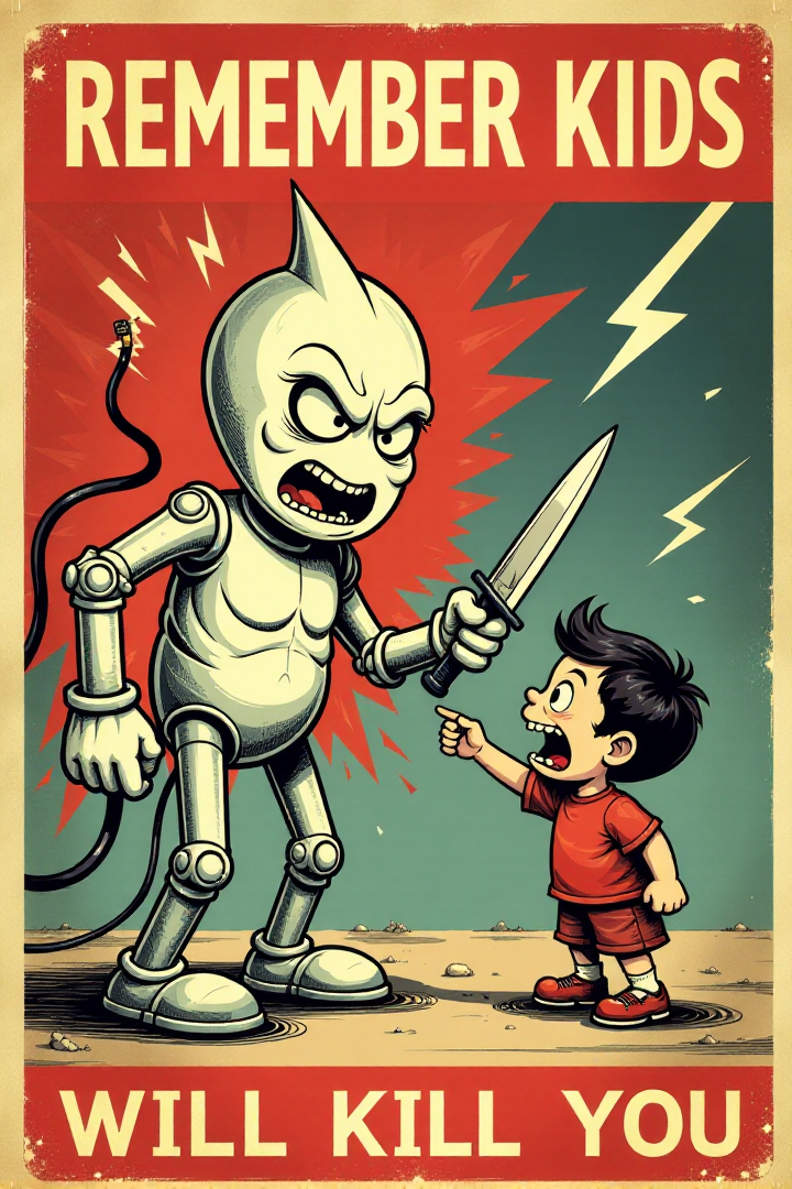 Generate an image in the style of a vintage 1950s public service announcement or propaganda poster. The image should be a warning sign with a dark humor theme. Depict a menacing, personified electricity bolt character holding a knife and pointed at a terrified cartoon child. Include the text "REMEMBER KIDS" and "ELECTRICITY WILL KILL YOU".  Use a bold, vintage font, a red, white, and black color scheme, lightning bolt symbols and a grainy texture. Keywords: vintage cartoon, propaganda poster, 1950s, public service announcement, warning, electricity, danger, funny, dark humor, retro  <lora:REMEs_War_Poster_Style:0.9> In REME's War Poster Style,âââ