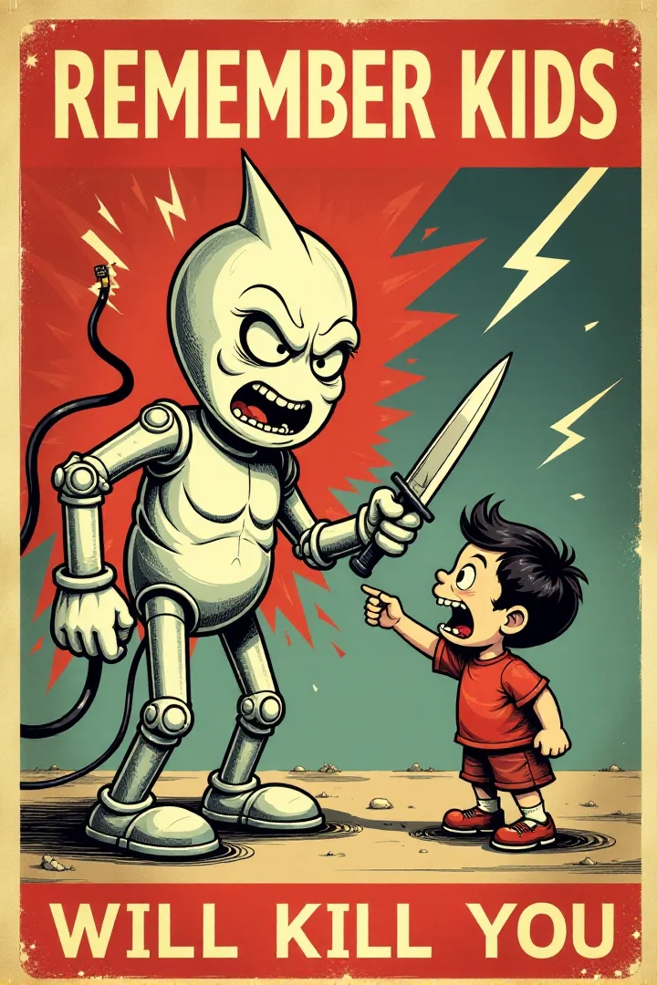 Generate an image in the style of a vintage 1950s public service announcement or propaganda poster. The image should be a warning sign with a dark humor theme. Depict a menacing, personified electricity bolt character holding a knife and pointed at a terrified cartoon child. Include the text "REMEMBER KIDS" and "ELECTRICITY WILL KILL YOU". Use a bold, vintage font, a red, white, and black color scheme, lightning bolt symbols and a grainy texture. Keywords: vintage cartoon, propaganda poster, 1950s, public service announcement, warning, electricity, danger, funny, dark humor, retro <lora:REMEs_War_Poster_Style:0.9> In REME's War Poster Style,âââ