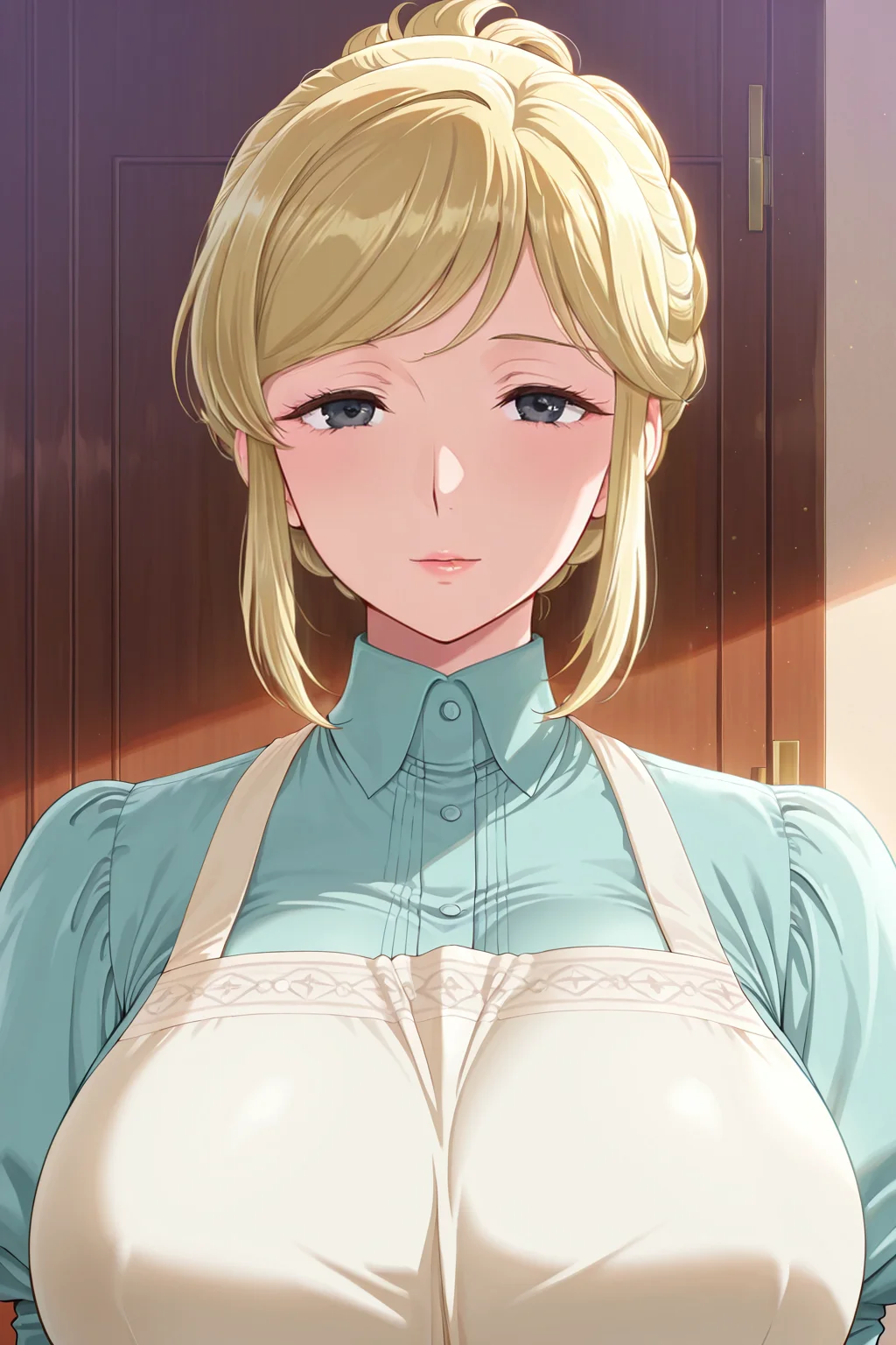 front view,
1girl,mature female,milf,huge breasts,upper body,looking at viewer,
Best quality,masterpiece,soft light,official art,high quality,highres,absurdres,epic scene,natural textures,<lora:Eri Aizawa IL:1>,eri aizawa,blonde hair,sidelocks,black eyes,apron,juliet sleeves,