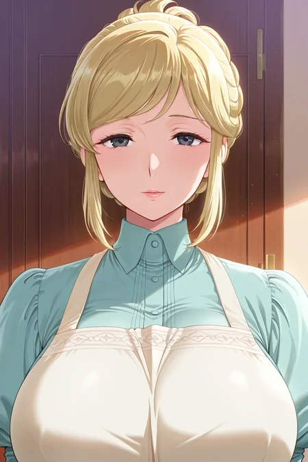 front view,
1girl,mature female,milf,huge breasts,upper body,looking at viewer,
Best quality,masterpiece,soft light,official art,high quality,highres,absurdres,epic scene,natural textures,<lora:Eri Aizawa IL:1>,eri aizawa,blonde hair,sidelocks,black eyes,apron,juliet sleeves,