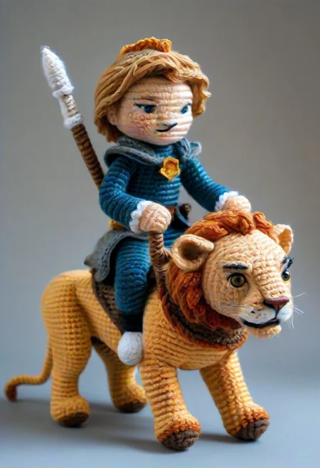 Saber riding lion, by saint exupery, crocheted style