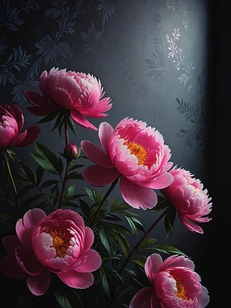 impactful color paint of Flowers painted on a dark wall with patterns. Peonies on the wall. Design for walls, photo wallpaper, wallpaper, murals, cards, postcards, paintings. <lora:Bold_Pop:0.6> ........... highly detailed, vibrant colors , 8k, sharp, professional, clear, high contrast, high saturated, , vivid deep blacks, crystal clear