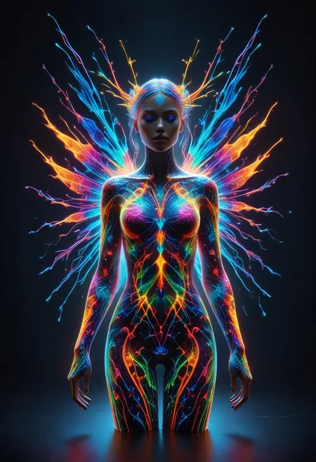 a fire entity whit multicolored flames, professional photography of an fantastical warrior fairy princess entirely made of cyberflies with whimsical elements, swirling magic, eerie fairytale landscape, elaborate fantasy style art, very colorful, intricate details, ultra sharp, exquisite detail, flawless composition, vivid colors, masterpiece, exciting background, TAS, TASvisuals, Psychedelic , Rave, Elaborate , Blacklight , Vibrant , cyberflies, black light paint, blp, Colorful Chaos Cracks and Drops, mad-glowtiedye, made out of,colorful,liquid,Murano Art Glass