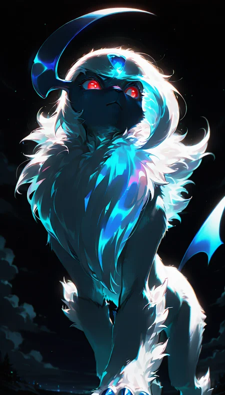 masterpiece, best quality, amazing quality,
absol, white fur, fluffy, solo, pokemon \(creature\), night, dark, cool, epic, holographic colour, dynamic, moonlight, backlit, glowing, red eyes, dynamic, badass, soft fur, shot from below
<lora:holographiccolor:0.9> <lora:DarkerThanBlackIllustrious:0.8> <lora:ponyv4_noob1_2_adamW:0.2>