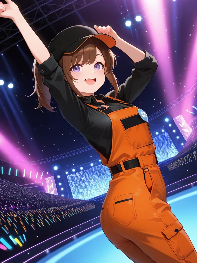 <lora:IL_Zenseki_Ren:1>,fl_z,Zenseki Ren,1girl,solo,ponytail,brown hair,purple eyes,orange overall,black cap,open smile,arm up,twisted torso,dutch angle,cowboy shot,black collared shirt,looking at viewer,glowstick,
stage,concert,stage lights,audience,spotlight,, masterpiece,best quality,amazing quality,very aesthetic,absurdres,